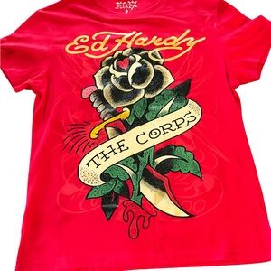 Ed Hardy Red Tee with Rose and Dagger Design